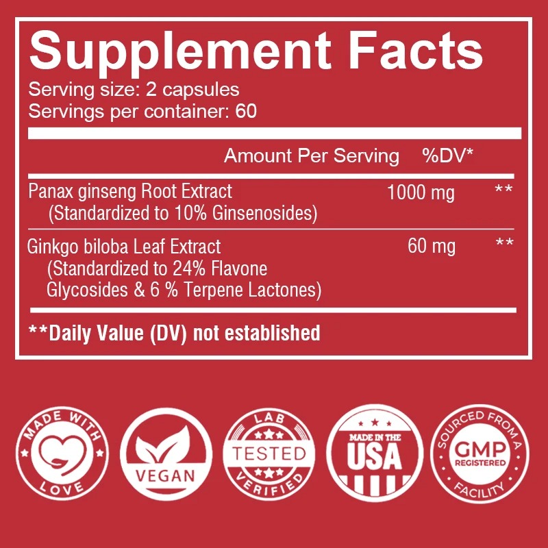 Vegan Korean Red Panax Ginseng - Ginkgo Biloba Extract recension och pris